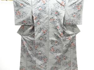 草花模様織出し手織り紬着物